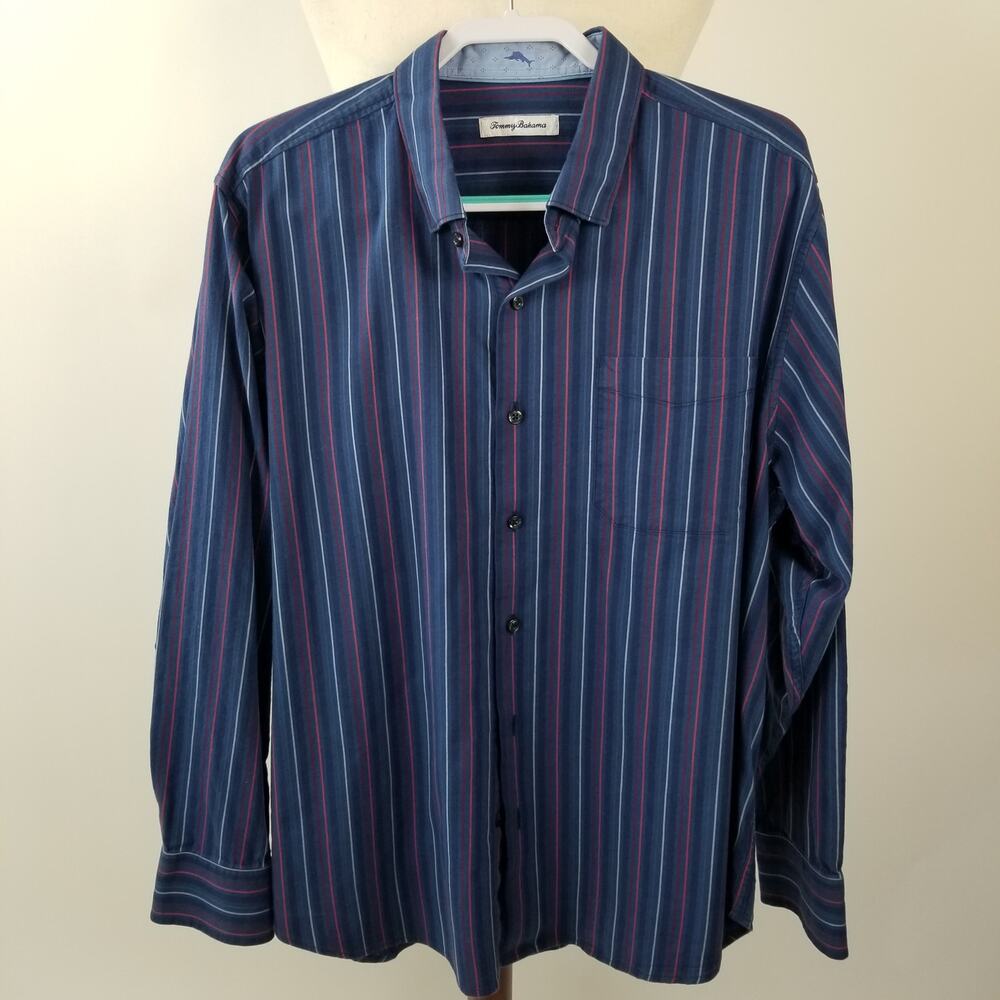 Tommy Bahama Blue Red Striped Men's Button Down Shirt Silk Blend Excellent XL